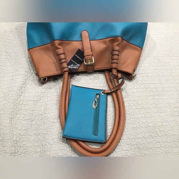 NWT Black Rivet 3-in-1 Handbag Shoulder Tote Zipper Carry-All Turquoise & Brown - Picture 6 of 11